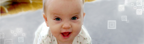 a smiling baby with square designs floating about in the background